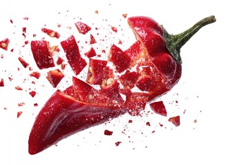 A vibrant red chili pepper explodes into numerous fragments against a stark white background, showcasing its inner texture and a scattering of tiny particles