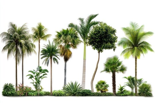 A lush tropical landscape featuring a variety of palm trees, lush greenery, and a serene body of water.