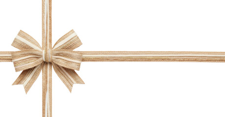 An elegant textured gold and cream ribbon bow, wrapped around a gift (cross-shaped), isolated on a transparent PNG background. A premium design element overlay for holidays or crafts.