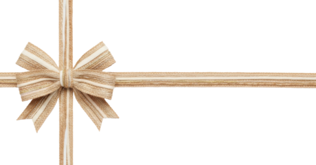 An elegant textured gold and cream ribbon bow, wrapped around a gift (cross-shaped), isolated on a transparent PNG background. A premium design element overlay for holidays or crafts.