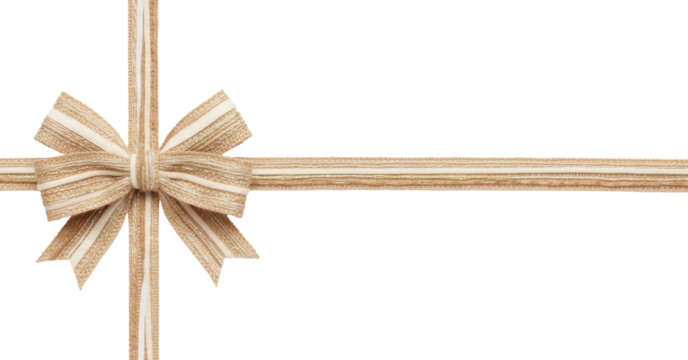 An elegant textured gold and cream ribbon bow, wrapped around a gift (cross-shaped), isolated on a transparent PNG background. A premium design element overlay for holidays or crafts.