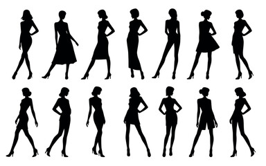 Elegant female fashion model standing silhouette vector poses