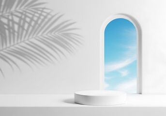 a minimalist white architectural scene featuring an arched doorway with a tropical leaf shadow and a cylindrical pedestal platform high quality