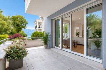 Obraz premium Modern apartment balcony with stunning lake and mountain view