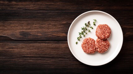 Three raw meatballs made from minced beef and pork rest on a white plate. A sprig of fresh thyme adds a touch of color and aroma, set against a dark wooden surface