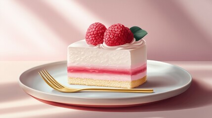 dessert served on minimalist ceramic plate with pastel background and gold spoon, pastel minimalistic illustration 