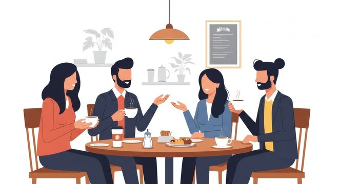 Diverse group of four friends or colleagues enjoying a casual lunch or coffee break together at a round table in a modern cafe setting