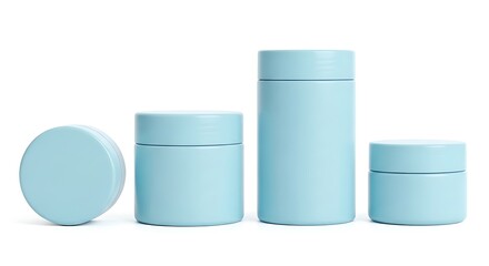 a collection of varying sized light blue cylindrical and rounded cosmetic containers neatly arranged on a clean white background high quality