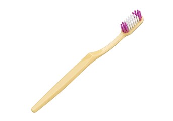 a single yellow handled toothbrush with purple and white bristles is isolated on a plain white background showcasing dental hygiene