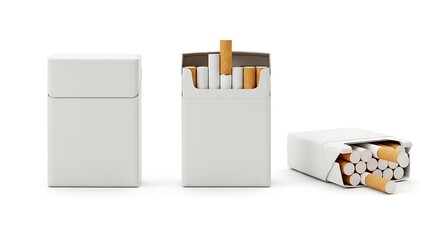 a 3d rendering displays an unopened and two opened white cigarette packs with visible cigarettes inside isolated on a white background