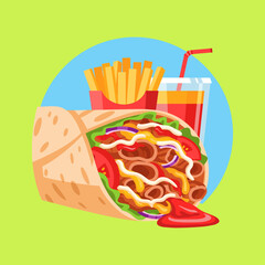 Shawarma Wrap Combo, Shawarma meal, French fry icon logo flat vector design