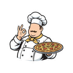A chef holding a pizza with pan, Showing excellent gesture icon logo flat vector design