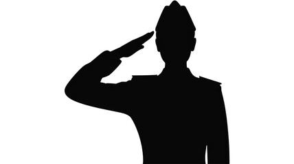 A black silhouette of a female military officer in a formal salute position. The figure is wearing a traditional military uniform with a peaked cap and long-sleeved dress shirt.Transparent background.