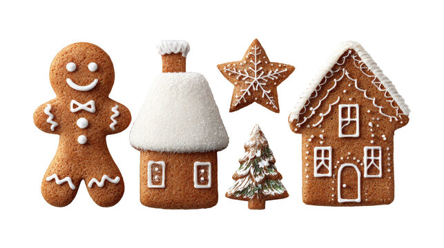 A collection of decorated Christmas gingerbread cookies (man, star, tree, houses) with icing, isolated on a transparent PNG background. A set of festive food icons or design elements.