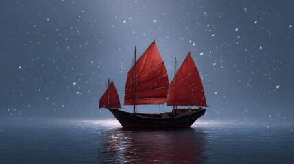 A serene traditional junk boat with vibrant red sails glides on calm waters beneath a starry snow filled night sky