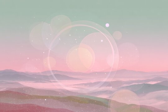 Pastel sunrise over misty mountains, encircled by soft light bokeh and subtle star dust - Powered by Adobe
