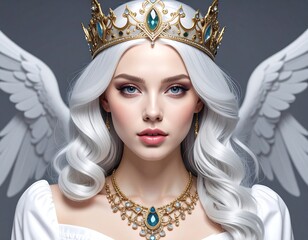 A serene portrait of a woman with long, white hair, a gold crown, and feathered wings. She wears a golden necklace