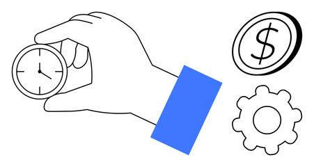 Hand gripping stopwatch, dollar sign, and gear reflecting time management, financial planning, and operational efficiency. Ideal for business, productivity, savings, workflow efficiency