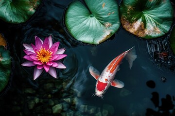 A serene pond with a vibrant koi fish swimming gracefully among the lily pads, surrounded by a tranquil setting of lush greenery and a gentle breeze.