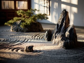 Obraz premium Serene Zen Garden with Raked Sand, Rocks, and Bonsai Tree in Sunlight