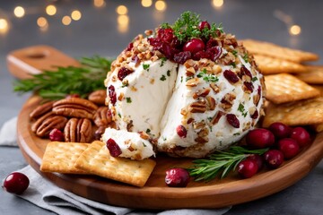 Holiday cheese ball with pecans cranberries and crackers