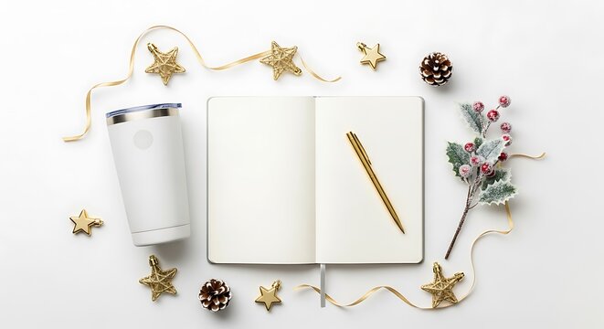 Overhead shot of a white tumbler, open notebook, pen, and festive decorations.