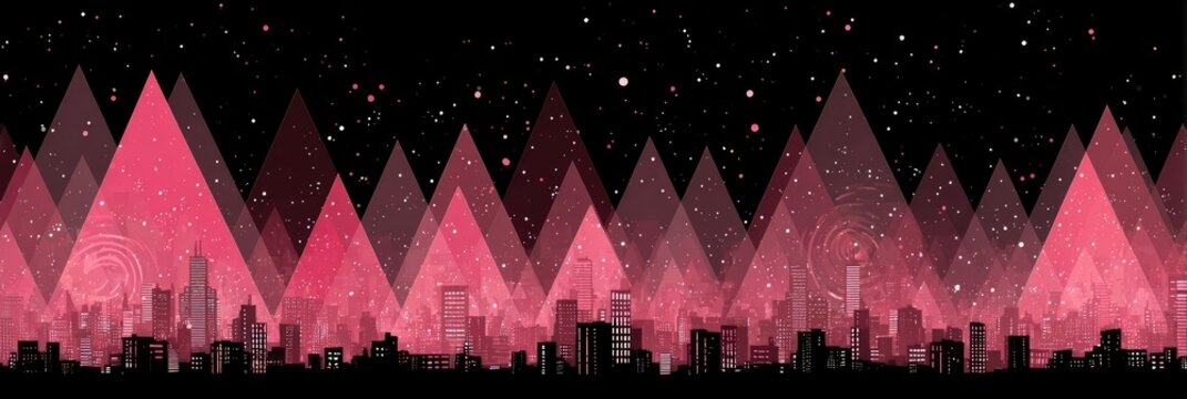 Pink-hued cityscape at night, overlaid with stylized triangular mountains and a starry sky