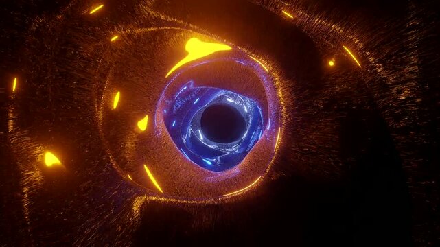 A vibrant tunnel features glowing blue and orange patterns flowing seamlessly in a continuous loop. This dynamic display immerses viewers in an engaging visual experience, perfect for screensavers.