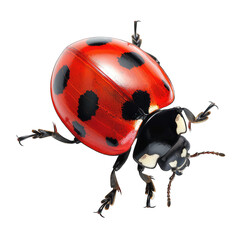 A vibrant red ladybug with black spots and legs, viewed from a slightly elevated angle against a black background, showcasing its glossy shell and delicate features