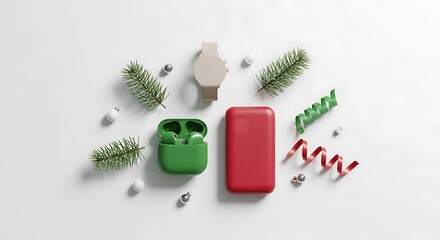 Christmas holiday tech gifts flat lay with green earbuds, red power bank, and beige smartwatch on white background.