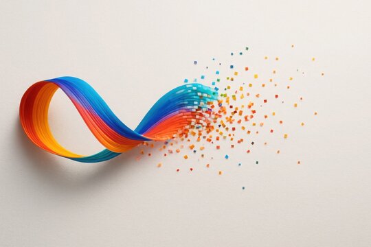 Colorful infinity ribbon transforming into pixels - concept of digital creativity, transformation, and future innovation