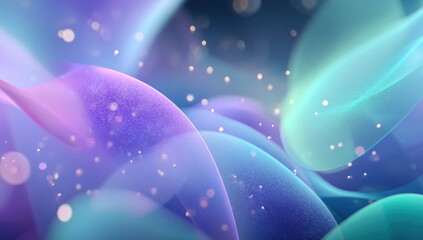 Abstract digital artwork featuring flowing, translucent pastel waves in purple, blue, and teal hues, overlaid with sparkling dust motes against a dark background