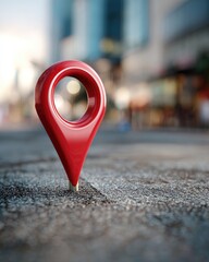 A vibrant red map pin stands on a textured surface, a blurred cityscape backdrop suggesting urban location and navigation