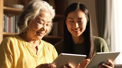 Asian woman teaching senior how to use a tablet device, both are smiling - Powered by Adobe