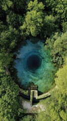 Aerial view of a deep, dark blue sinkhole or cenote nestled within a lush green forest, partially surrounded by a weathered stone structure.  The water's clarity reveals its depth