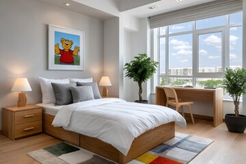 Fototapeta premium Modern bedroom interior featuring bright natural light