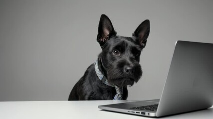 A black dog peers at a laptop, sitting on a white desk, against a gray background