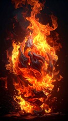 A stylized, gray, textured shape is enveloped in a dynamic display of bright orange and red flames. A dark background highlights the fiery core