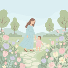 Mom & Baby Walking in Spring Garden
Flat-vector scene of a mother walking with her child in a blooming spring garden, butterflies and flowers, soft pastel palette, gentle family theme.