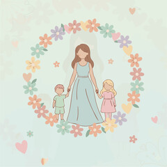 Mother with Two Children
Flat-vector portrait of a mom with two kids holding hands, floral background, pastel color palette, minimal clean family-friendly style.