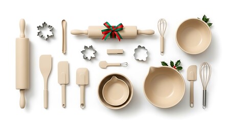 Collection of beige baking tools and accessories arranged on a white surface, perfect for holiday treats.