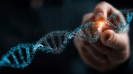 A hand touches a digital representation of a DNA strand, showcasing a futuristic and scientific visualization.
