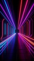 A symmetrical perspective of a brightly lit tunnel. Neon lights glow in various colors, creating a vibrant and futuristic aesthetic. Perspective view
