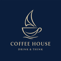 Coffee Cup Logo, Coffee Sea Sail Boat Vector Logo Concept On Blue Back