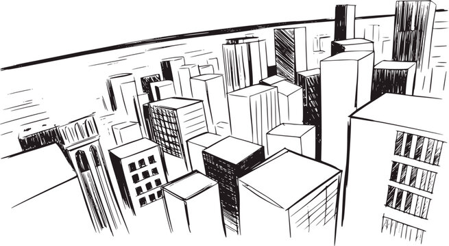 Black white sketch cityscape buildings vector - Powered by Adobe