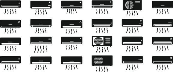 Air conditioner icons, HVAC symbols, cooling unit set, black and white vector, wall mount, window AC, compressor illustration