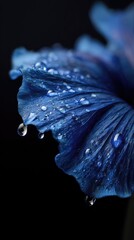 Close-up of a deep blue flower petal, richly textured, adorned with numerous water droplets, some clinging, others dripping, against a stark black background