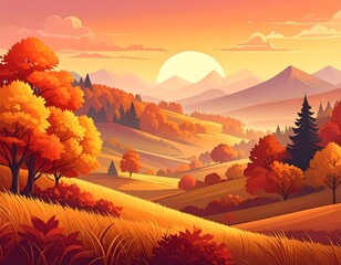 A vibrant autumnal scene of rolling hills, trees with fiery foliage, and a setting sun over distant mountains
