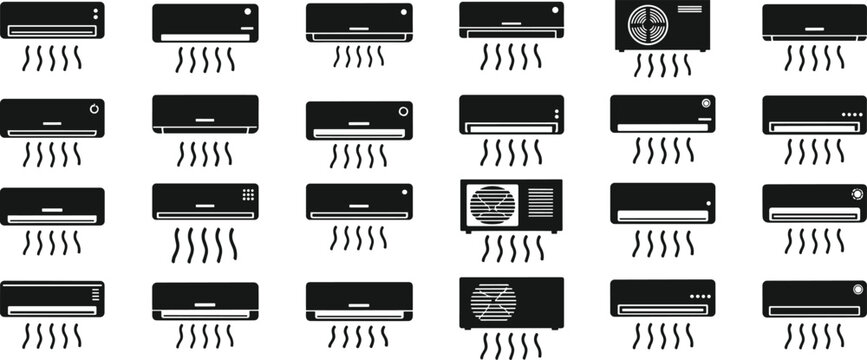 Air conditioner icons, HVAC symbols, cooling unit set, black and white vector, wall mount, window AC, compressor illustration