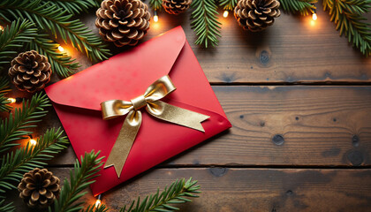 Red envelope with gold ribbon and pine branches on wood, cozy Christmas greeting scene